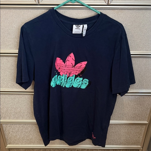 Adidas Navy Tee with Vibrant Pink and Aqua Logo - Picture 1 of 2